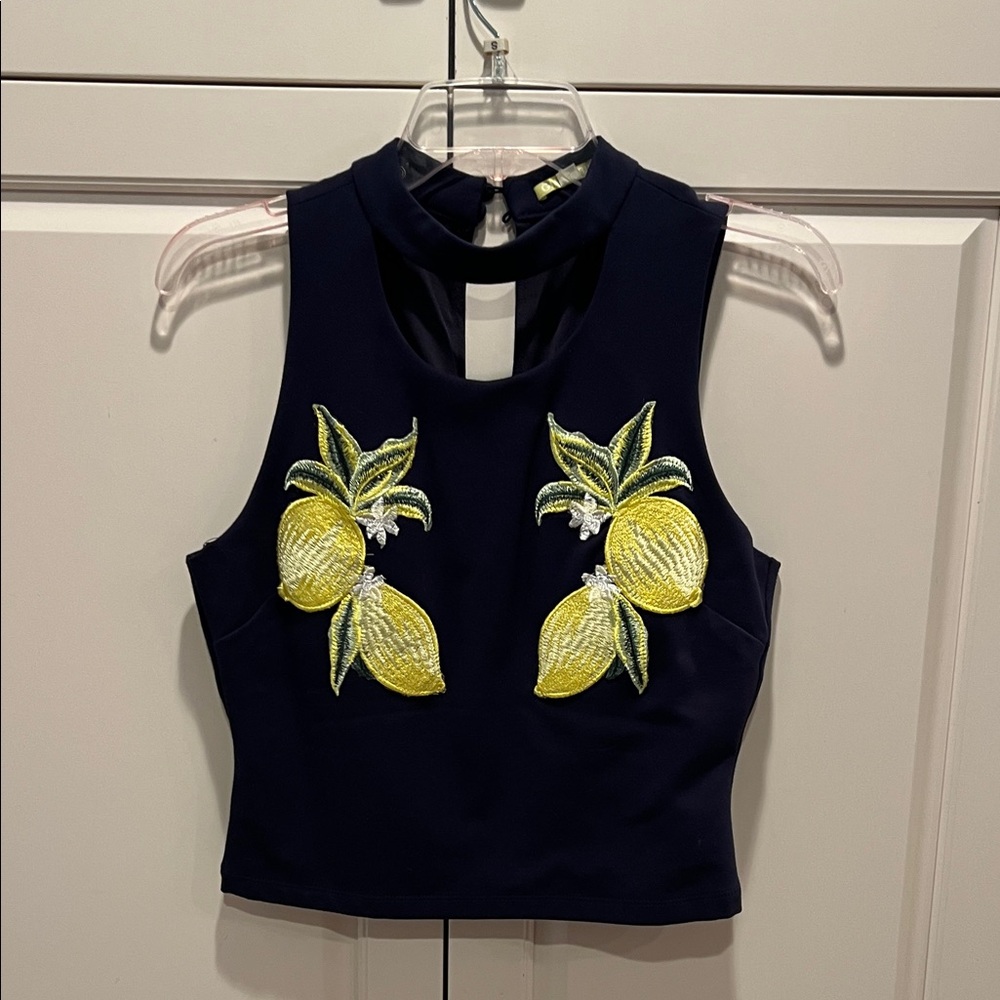Gianni Bini Navy Lemon Embroidered Women's Top M like🆕